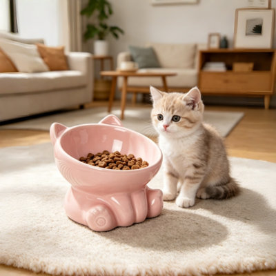 Bol pour chat en céramique incliné surélevé noir brillant, bol d'eau pour animaux de compagnie anti-menton surélevé anti-menton, plat mignon anti-déversement pour oreilles de chat pour petits chats