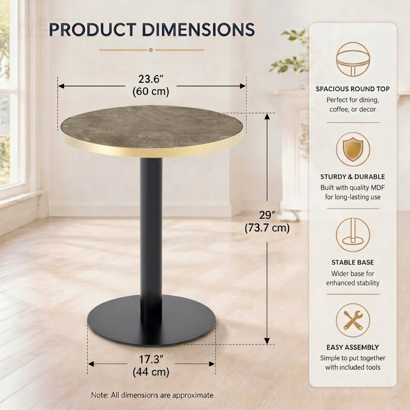 Petite table de salle à manger moderne, table de salle à manger ronde de 23,6 po avec bordure en acier inoxydable, base en métal robuste, table de cuisine peu encombrante pour appartement, coin repas et salle à manger
