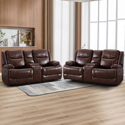 Munazza Periheli Luxury 74'' Wide Genuine Leather Reclining Loveseat With Cup Holders & Storage Console(Set Of 2)