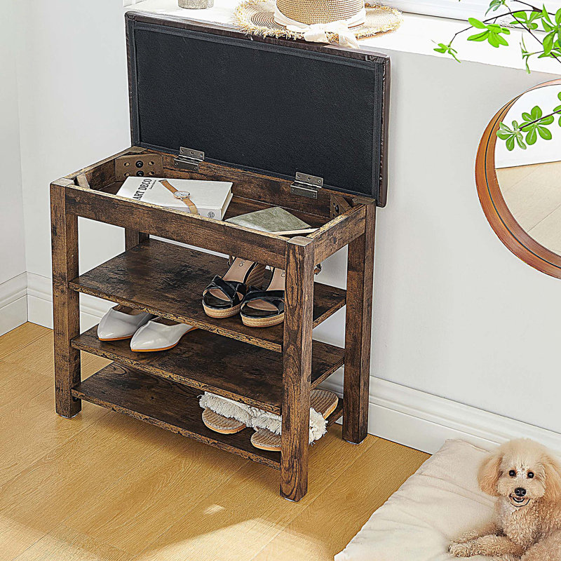 Un banc de rangement pour chaussures à hauteur réglable en bois, équipé d'un siège confortable et d'un espace de rangement dissimulé