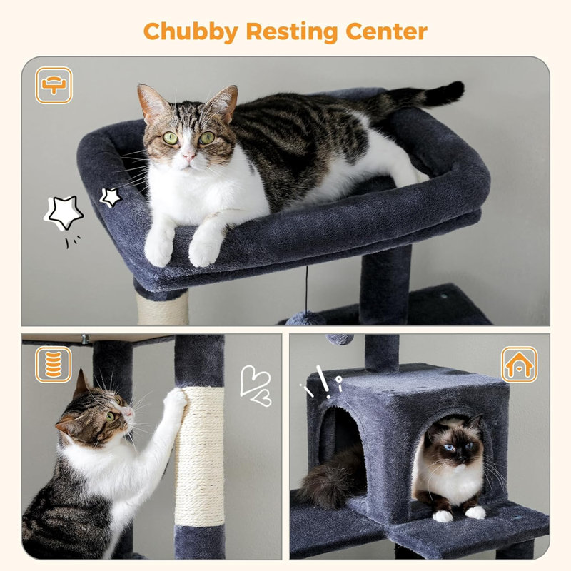 Grand arbre à chat Evleyn pour chat d'intérieur, tour pour chat multi-niveaux avec hamac très grand, Gris foncé
