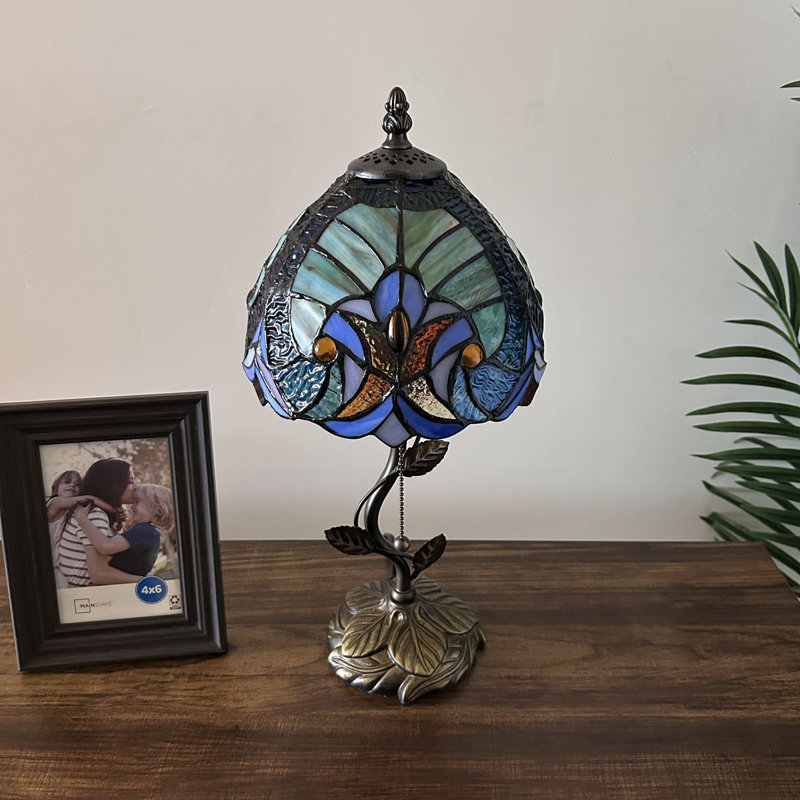 Tiffany Table Lamp Stained Glass LED Bulb Included 8"W*8"D*16"H, Blue/Green