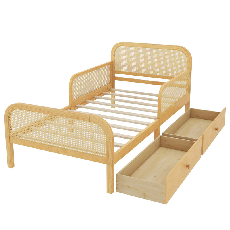 Structure de lit simple en rotin et en bois avec 2 tiroirs de rangement, tête de lit et pied de lit (matelas non inclus)