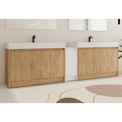 Chesham 108'' Bathroom Double Vanity with 7 Doors and Resin Basin Sink & White Freestanding Storage Cabinet