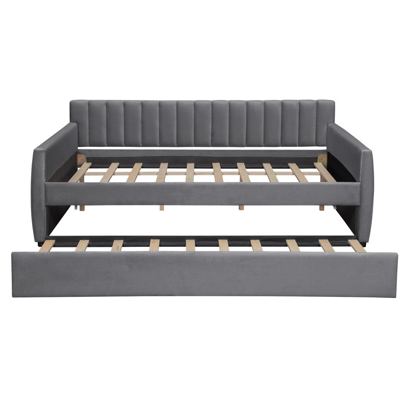Full Size Upholstered Daybed With Trundle And Wood Slat Support, Gray
