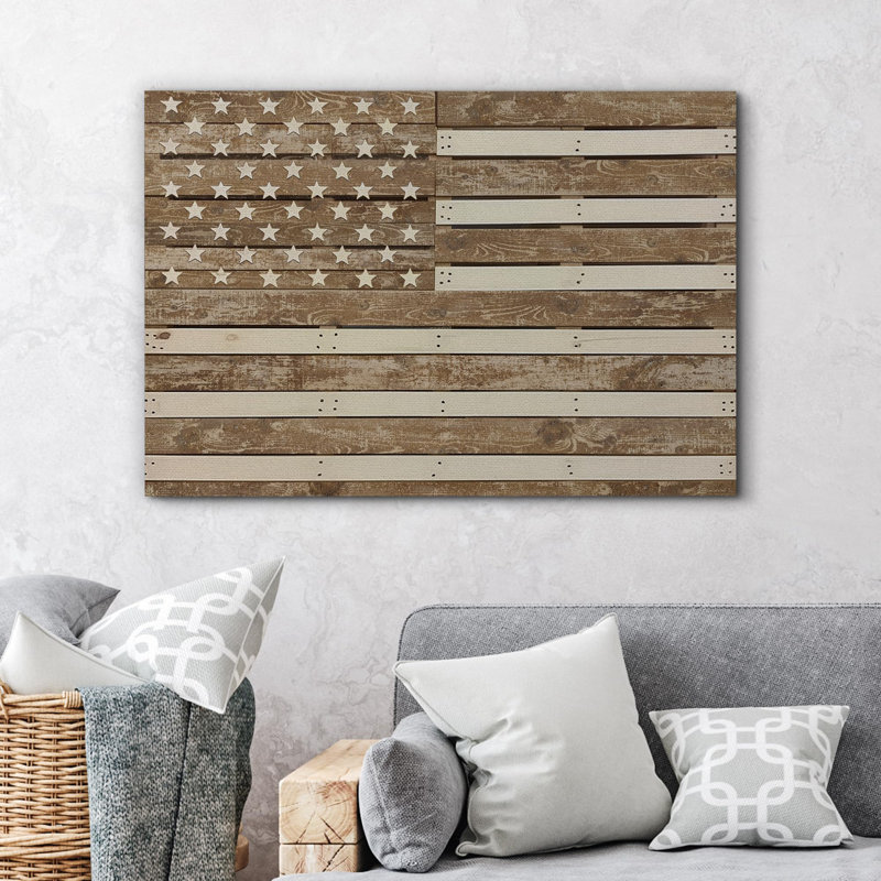 Sepia Brown USA United States Flag Wood Effect Vintage Rustic Decor - Large Canvas Print Wall Art, 32" H x 48" W x 1.5" D