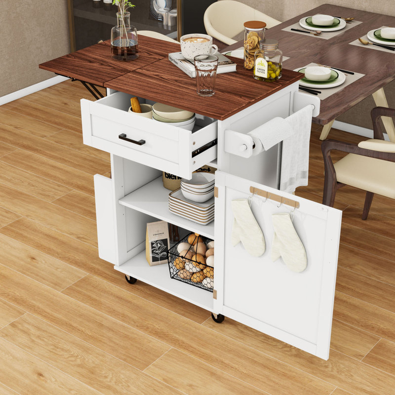 Rustic Mobile Kitchen Island Cart with Drop Leaf, Adjustable Shelf, Storage Drawer and Lockable Wheels, White