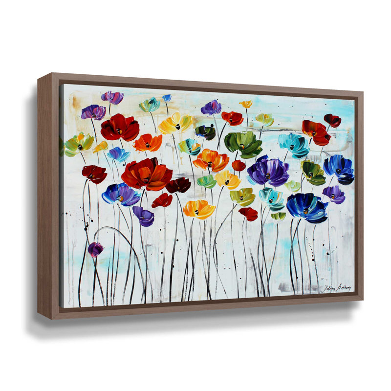 « Lilies » par Jolina Anthony, peinture, H 32 po x l 48 po x P 2 po, Cadre flottant en noyer