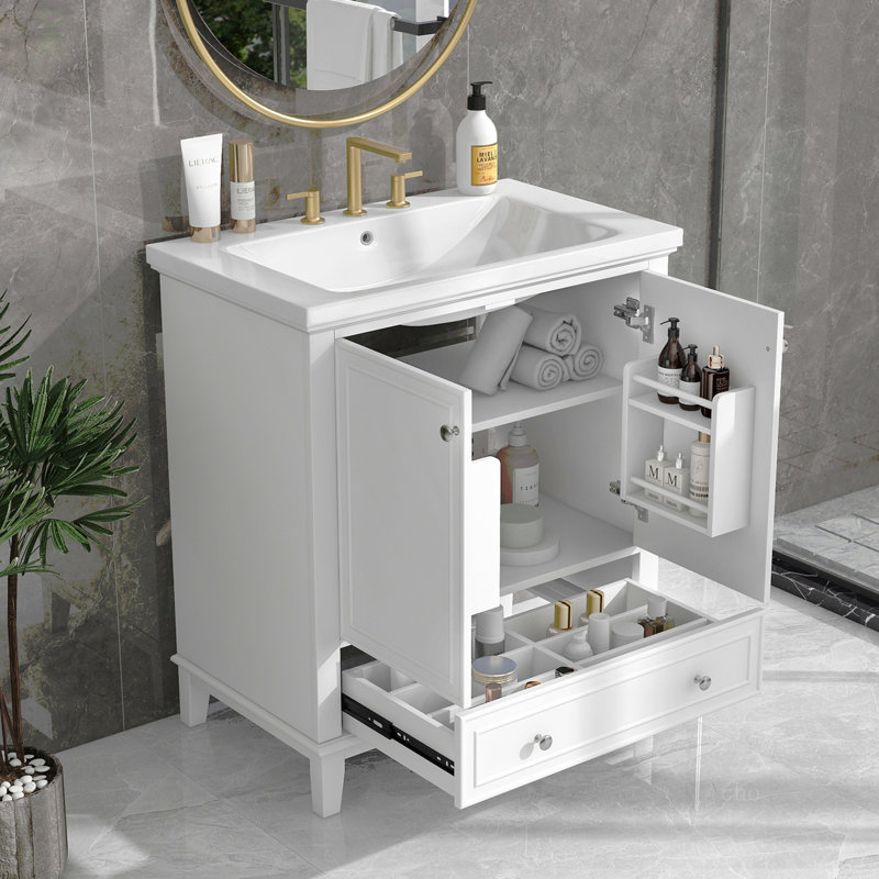 Ensemble de meuble-lavabo 30 po avec lavabo, armoire de salle de bain multifonctionnelle avec portes et tiroir, cadre solide et panneau de fibres à densité moyenne (blanc)