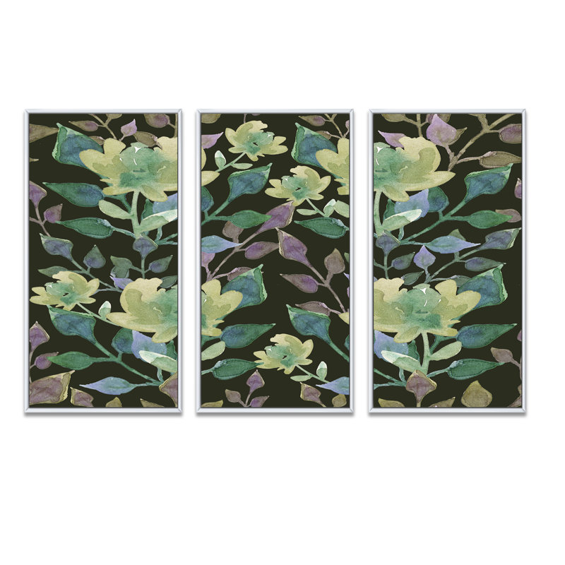 Botanique vert clair sur vert foncé - ensemble d'art mural sur toile traditionnel encadré de 3, H 28 po x l 36 po x P 1 po