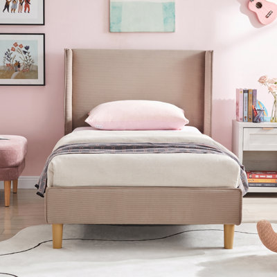 Janine Corduroy Upholstered Wingback Bed with Slat Kit and Solid and Manufactured Wood Frame