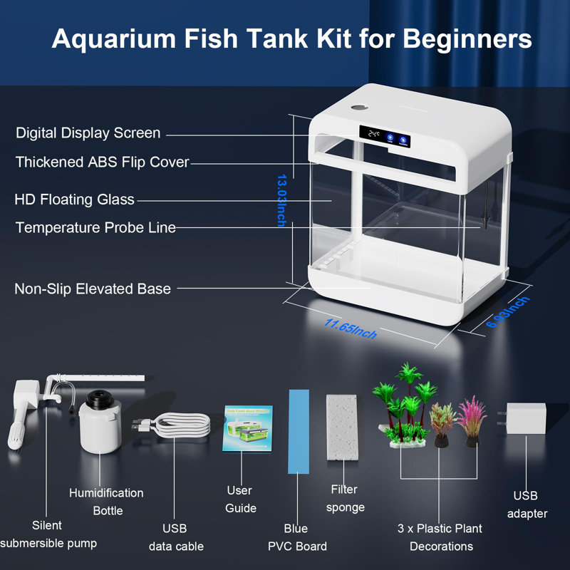 2.2 Gallon White Glass Fish Tank with 7-Color Light and Humidifier