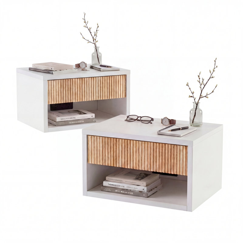 Table de chevet murale flottante moderne 15,7 po Elise, table de chevet avec tiroir cannelé, tablette ouverte et système de gestion des câbles