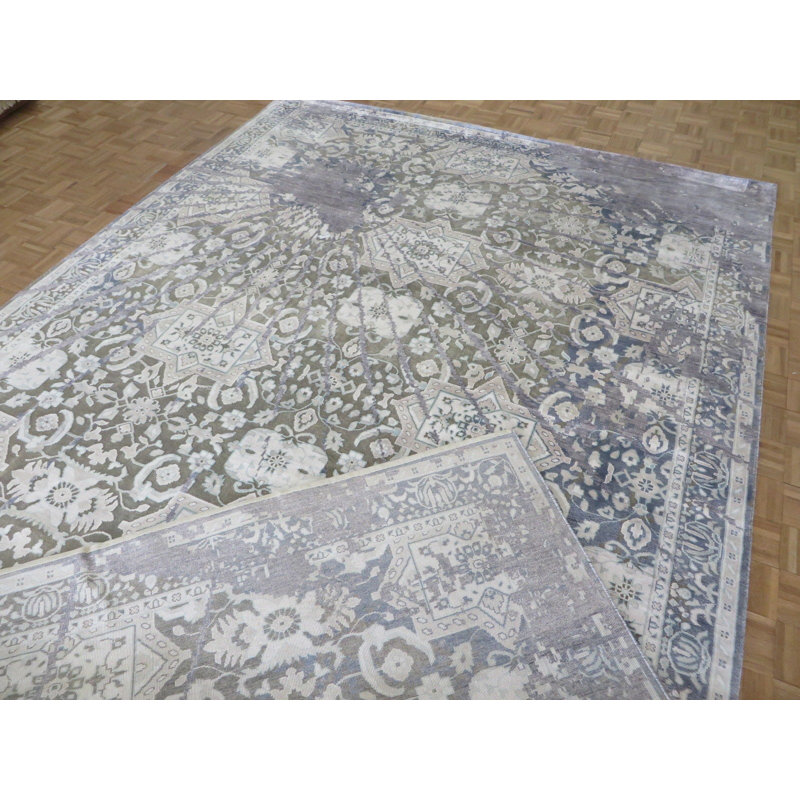 Tapis zone rectangulaire verte/ivoire 8 pi 11 po x 12 pi 4 po one-of-kind noué la Dwayne