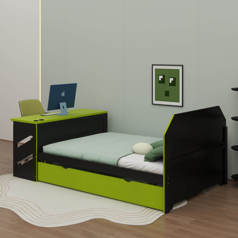 Full Size Wooden Daybed – Includes Twin Trundle Bed, Desk & USB Charging Stations, Green