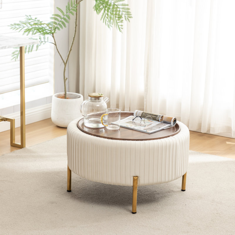 Miajah Upholstered Round Storage Ottoman, Beige