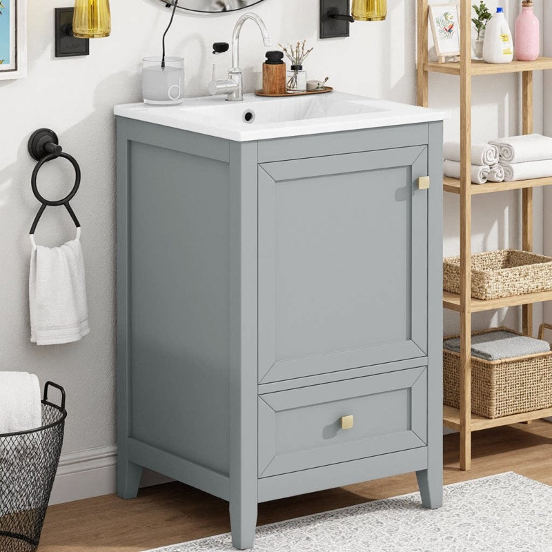 Meuble-lavabo compact 20 po avec lavabo en céramique, Gris
