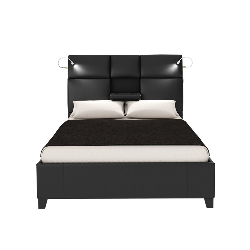 Grand lit noir avec éclairage tactile, plateau à boissons et audio - Haut-parleur à compartiment tactile tendance pour un look de chambre à coucher