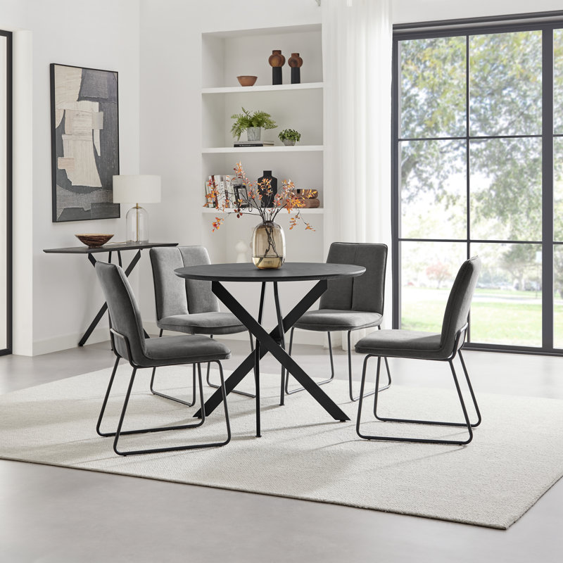 Hadlow Veneer & Metal Round Dining Table With Eubanks Fabric Chairs - Modern Statement Design, Dark Grey, 4