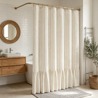 Farmhouse Ruffle Shower Curtain, Striped Linen Shower Curtain Set with Hooks for Bathroom, Vintage Bath Curtains Waterproof Weighted Cloth