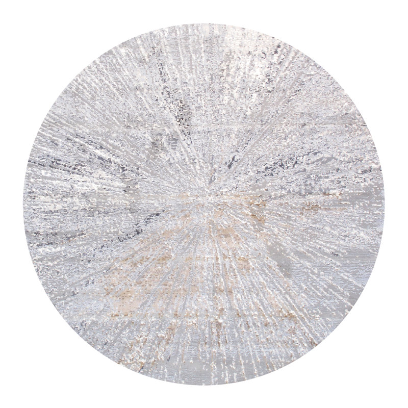 Round Gray and White Synthetic Abstract Area Rug