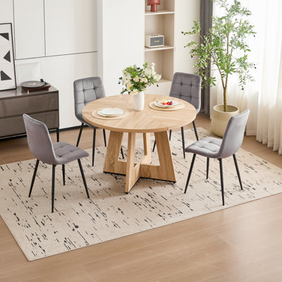 5 Piece 47'' Round Dining Table Set for 4, Farmhouse Kitchen Table with 4 Velvet/Corduroy Modern Dinning Room Chairs for Home, Apartment
