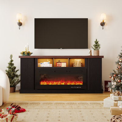 70" Fireplace Tv Stand With Fireplace Includ For Tvs Up To 75", 2 Doors Cabinet With Open Storage Space And Led Light Bar by Latitude Run