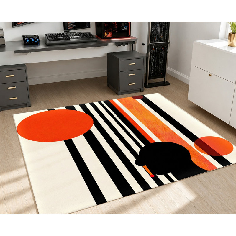 Tapis à motif géométrique abstrait, moderne, moderne, noir, orange, blanc, doux et durable, tapis antidérapant lavable à la machine et antidérapant