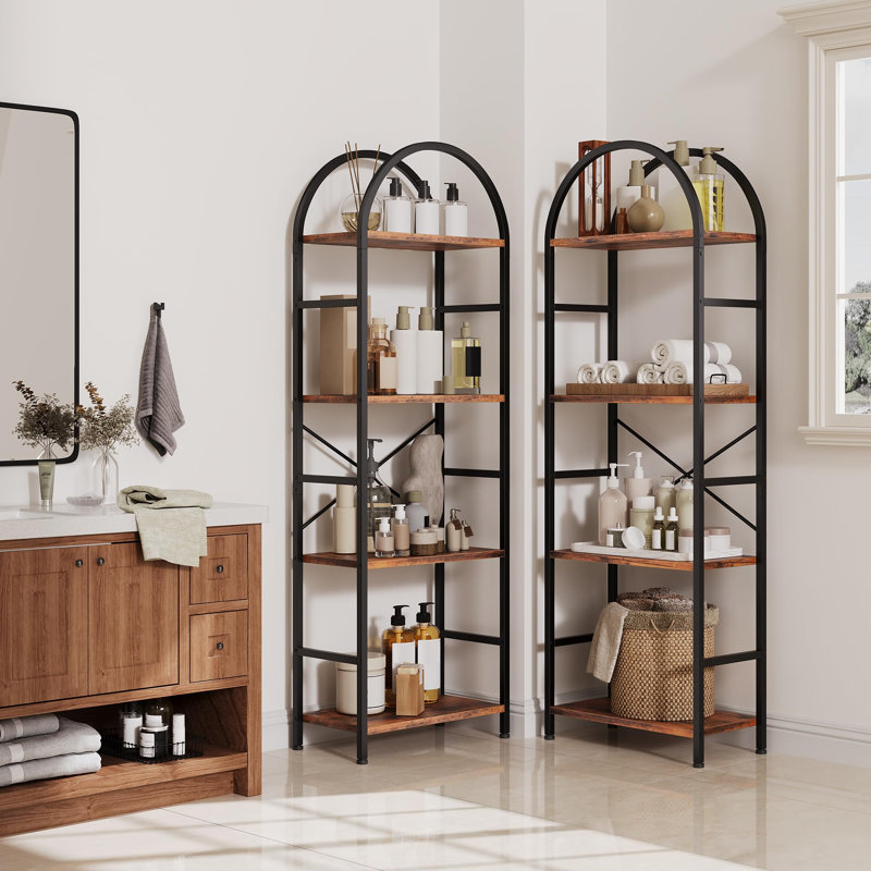 Arched Triple Column 4 Tier Bookshelf, 63"X63" Tall Book Shelf with Open Display Shelves, Industrial Wide Bookcase