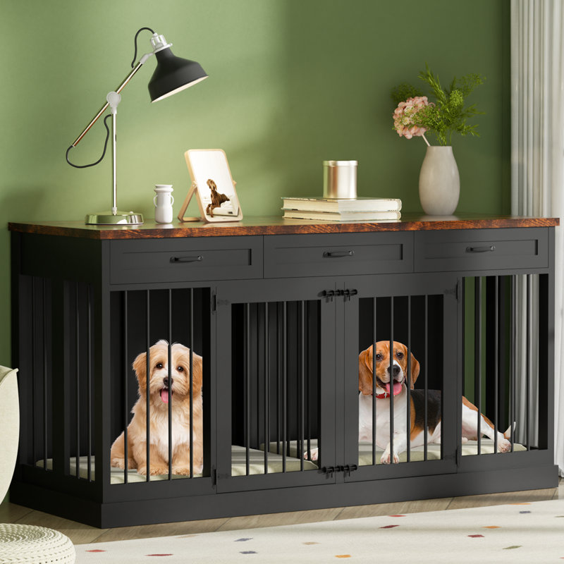NEBZHASK 63'' Large Double Dog Crate Kennel Furniture with Divider and 3 Drawers for 2 Medium Animals Indoor, Black