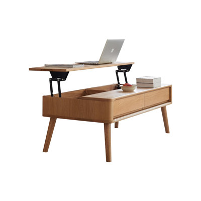 Elevating Center Table Low Table 100% Solid Oak Wood Top Plate Desk Coffee Table Width 100 X Depth 60 X Height 45 Cm Study Desk Work From Home Easy To Assemble Natural Color Wood With Storage Shelf