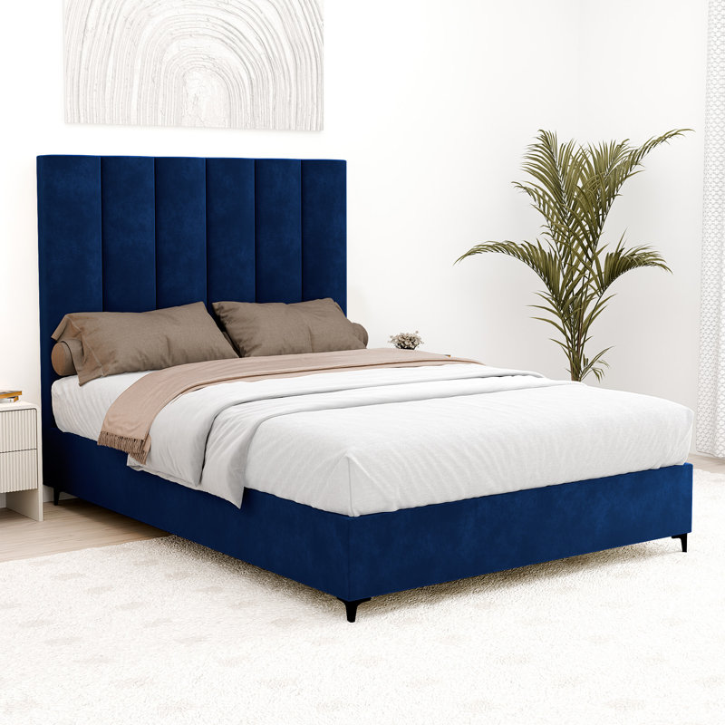 Lit plateforme tapissier Allondra, Simple, Bleu