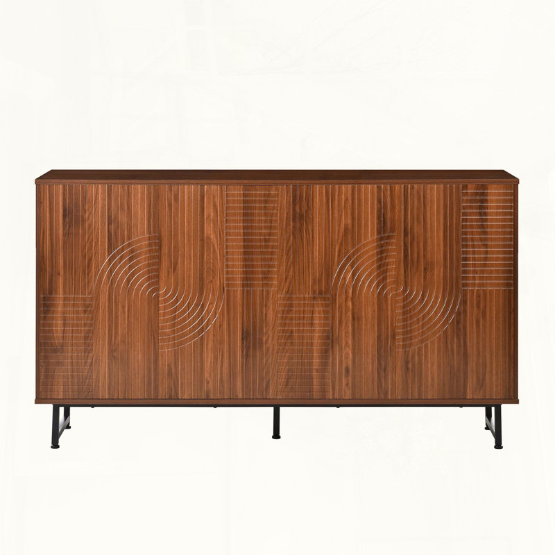 Mid-Century Modern Walnut Sideboard with Geometric Carved Doors