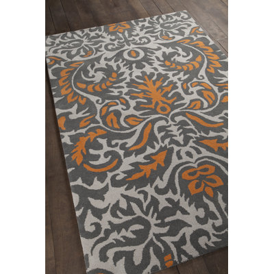 Tapis abstrait moderne en laine touffeté à la main gris, ivoire et orange Cloral