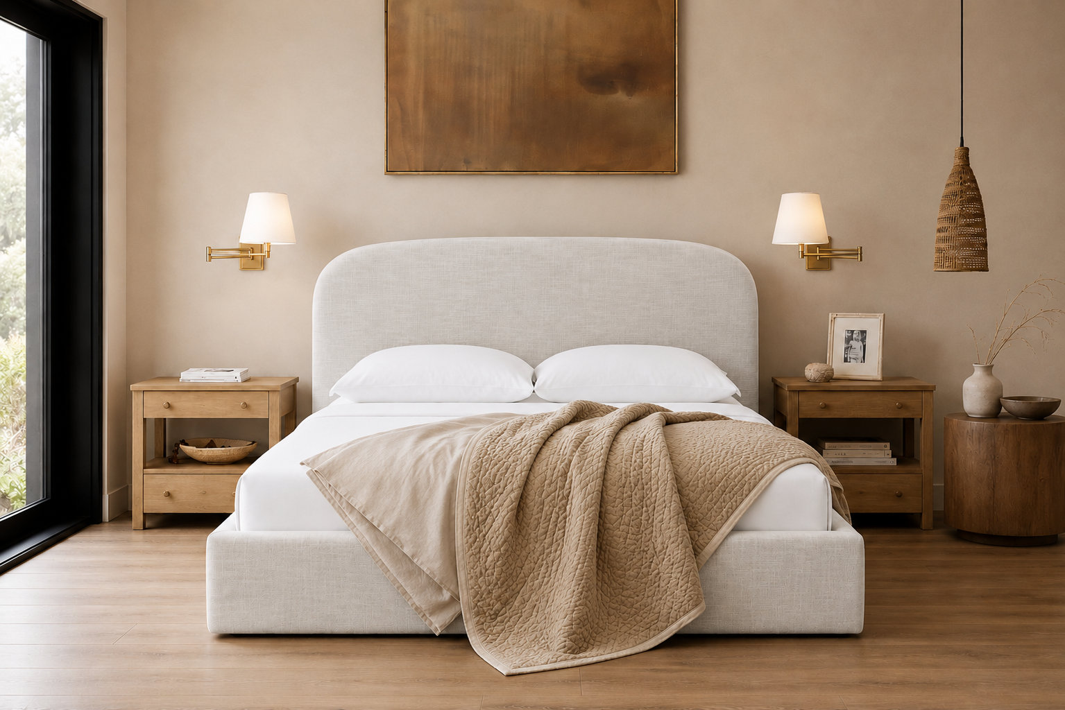 Mele Linen Upholstered Round Bed, White Linen, King