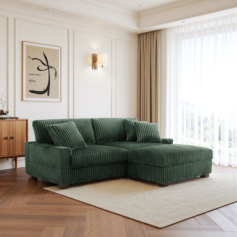3 - Piece Upholstered Green Faux Rabbit Fur Flannel Modular Sectional Sofa with Throw Pillows & Removable Ottomans