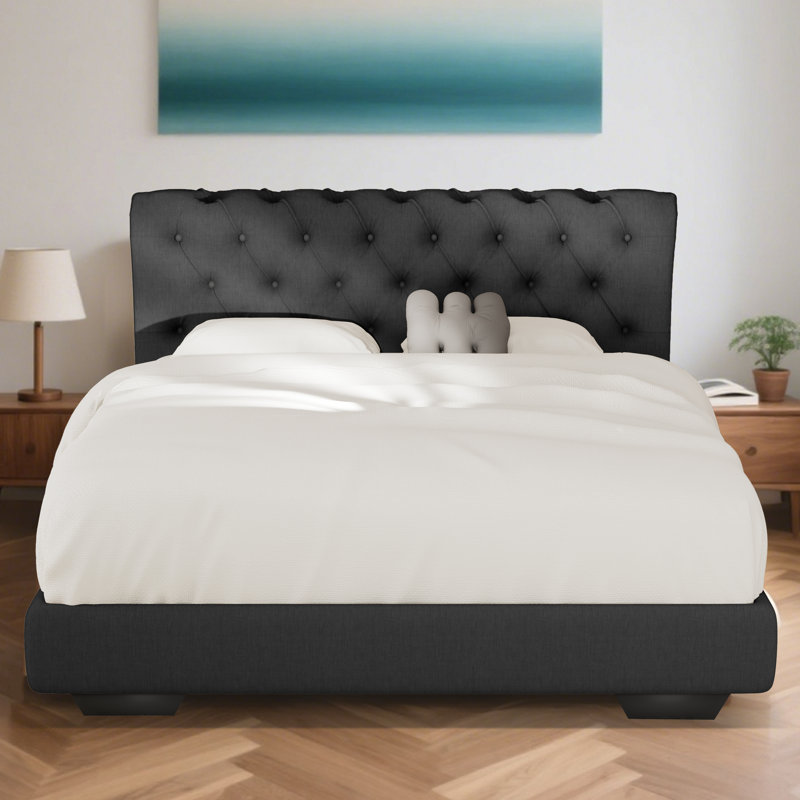 Structure de lit rembourrée en tissu de lin avec tête de lit réglable / style Chesterfield / support à lattes de bois, Noir