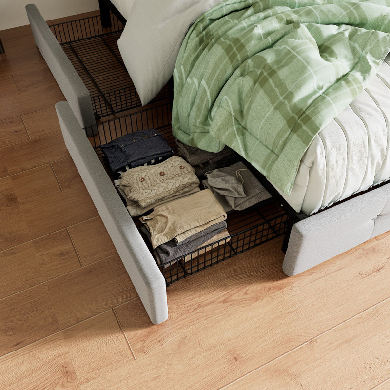 Lit plateforme avec rangement 4 tiroirs et tête de lit ajustable Deyani, Gris clair, Très grand