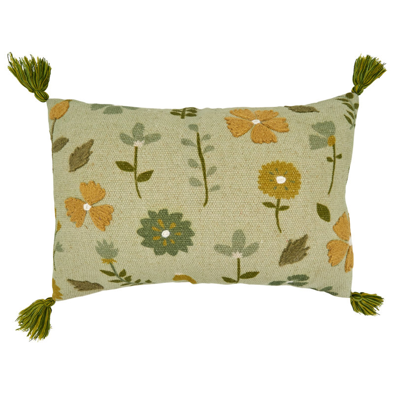 Green Embroidered Floral Square Throw Pillow with Tassels