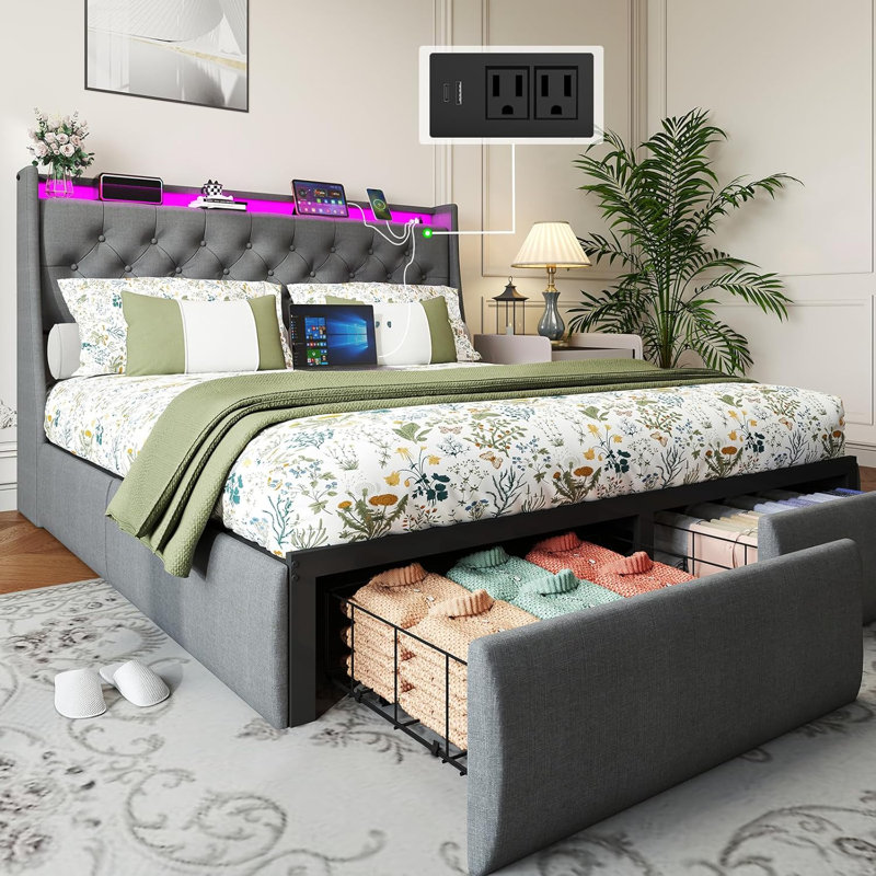Cadre de lit double avec tête de lit, cadre de lit double rembourré avec lumière DEL, station de charge USB, cadre de lit plateforme avec 2 tiroirs de rangement sous le lit
