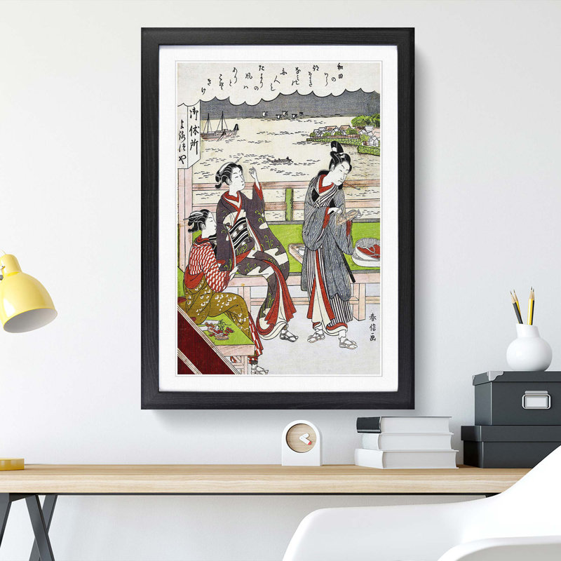 Two Women at a Teahouse by Harunobu Suzuki - Picture Frame Painting Print, 48cm H x 36cm W x 2cm D, Black Framed