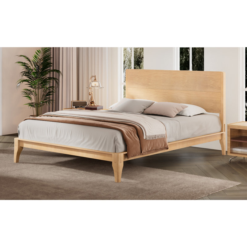 Grand lit plateforme Mid-Century moderne en bambou, 12 po, support en métal à lattes de bois, sans sommier, naturel, Queen