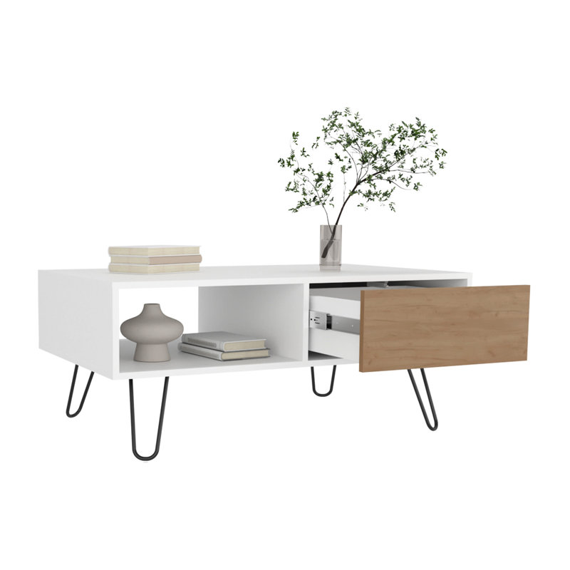 Table basse de salon moderne, rectangulaire avec tiroir et tablette d'extension, blanc - chêne naturel