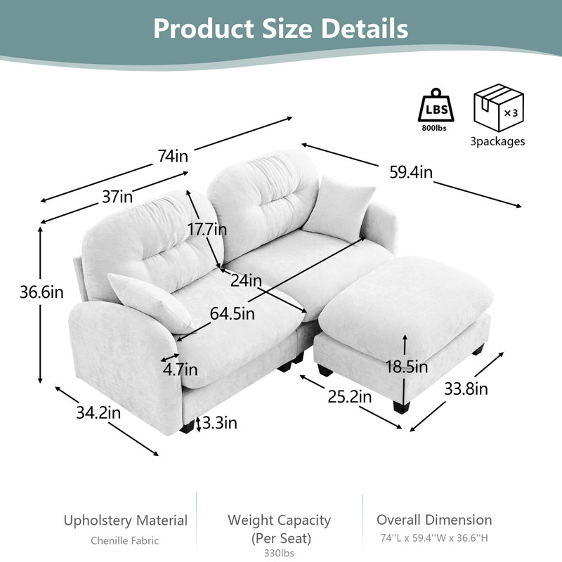 Chenille Cloud L-Shaped Sectional Sofa with Ottoman, Tufted Backrest & High-Density Foam, Soft Modular Couch Design for Living Rooms & Reading Nooks