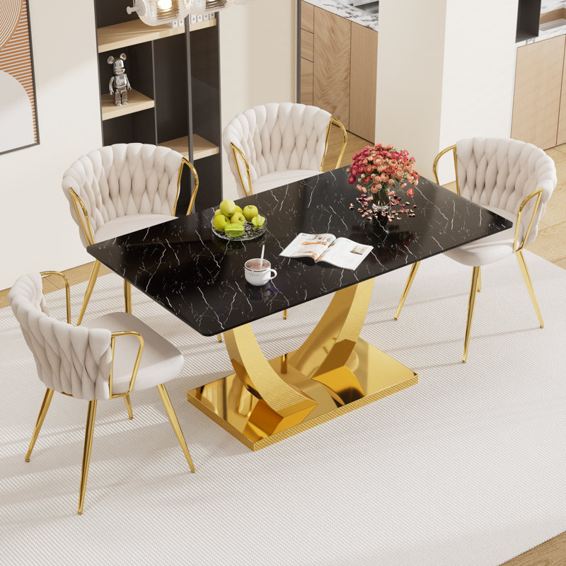 Ensemble de tables de salle à manger Elegant, Noir, Beige, 5 pièces: table, 4 chaises