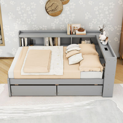 Wood L-Shaped Daybed with Built-in Power Outlets and 2 Drawers