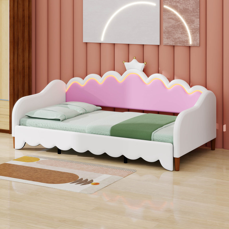 Twin Size Extending Princess Daybed: Modern Upholstered Design With Crown Headboard & LED Lights, White