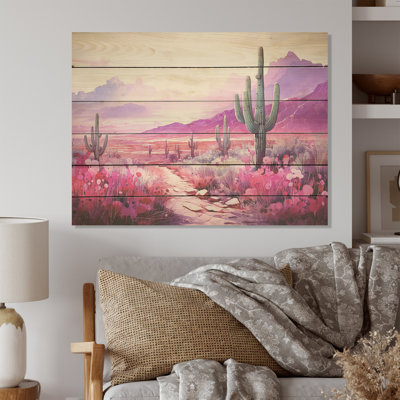 Cactus magenta mirage - Art mural en bois de cactus sur bois de pin naturel