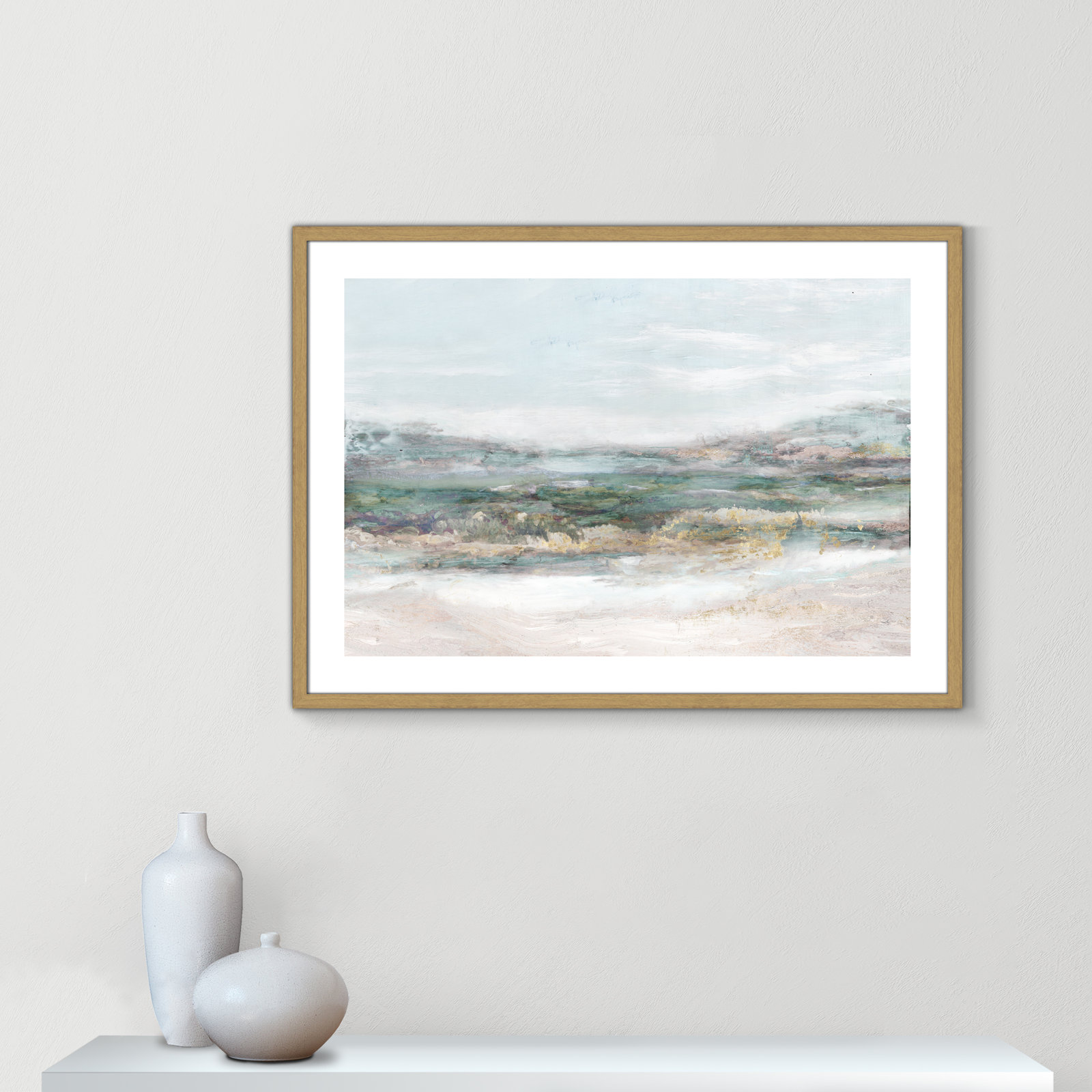Lori "Dazzling" Painting by Matina Theodosiou, White, Natural Wood Grain Framed Paper, 25.5" H x 35.5" W x 0.75" D