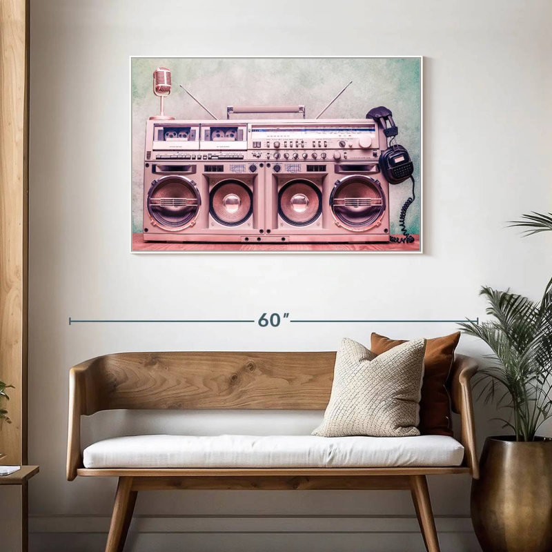 Boombox rétro, 43 po x 29 po, Cadre flottant blanc